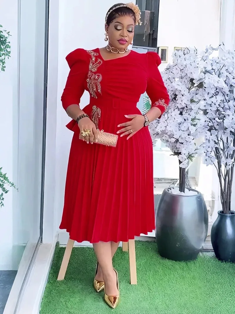 

plus Size African Women's Pleated Ankara Dashiki Kaftan Dress with Diamonds Dubai Abaya Evening Wedding Clothing