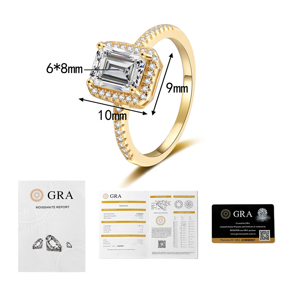 925 Sterling Silver 1‑2CT Emerald Cut Moissanite Engagement Ring for Women, Halo Half Eternity Wedding Ring, Fine Jewelry With Certificate for Birthday Party Anniversary Gift Accessories view 6