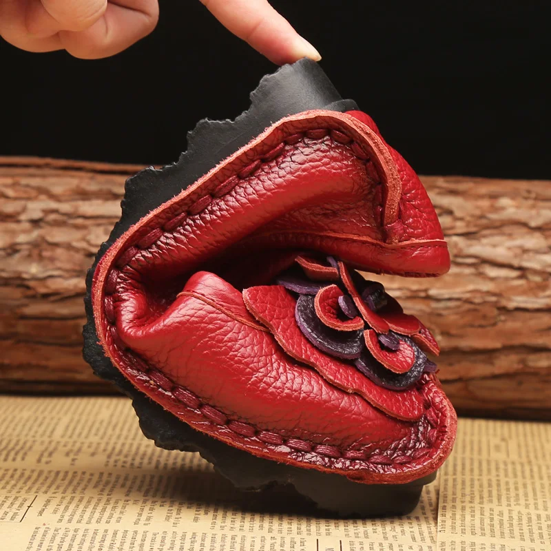 Red Moccasins Handmade Sewing Retro Shoes For Women 2023 Ethinic Flower Loafers Genuine Leather Women Shoes