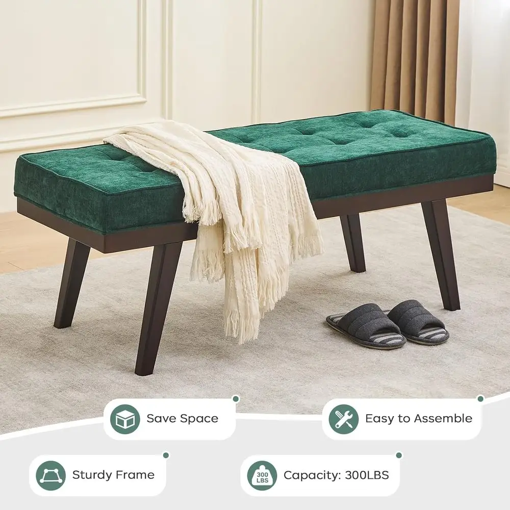 Grün gepolsterte Eingangsbank mit gepolstertem Sitz und Gummiholzbeinen für Schlafzimmer, Wohnzimmer, Schmutzfänger und Flur