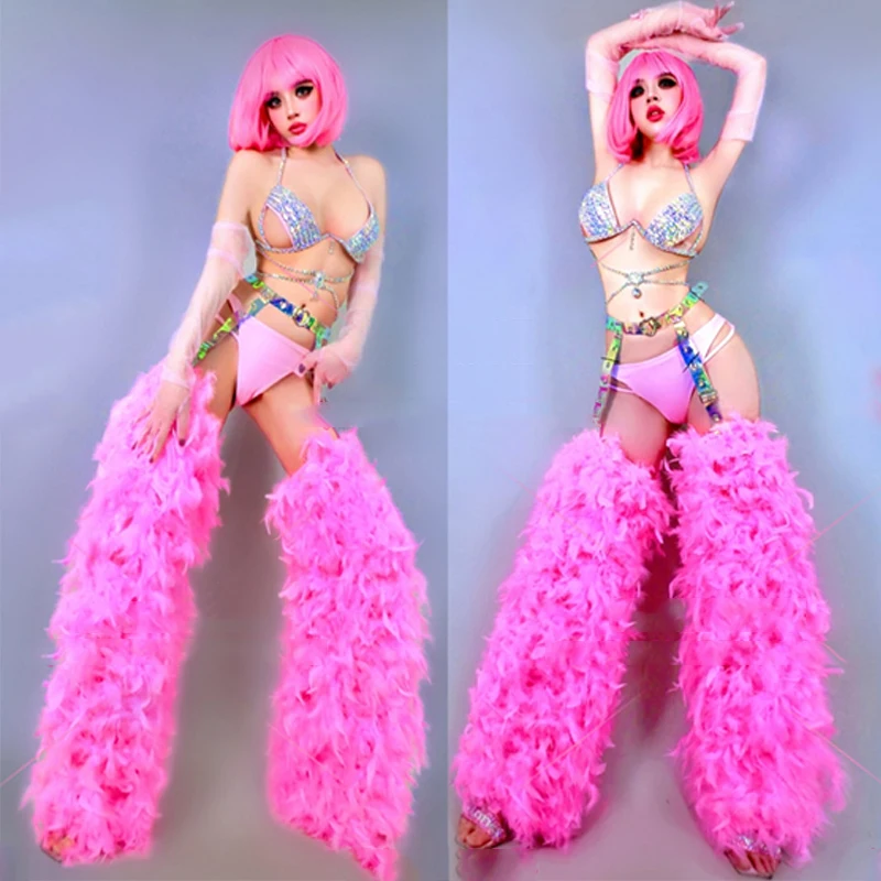 Nightclub Gogo Dance Costume Women Rhinestone Bikini Pink Feather Legging Party Drag Queen Dj Performance Rave Clothes DNV18516