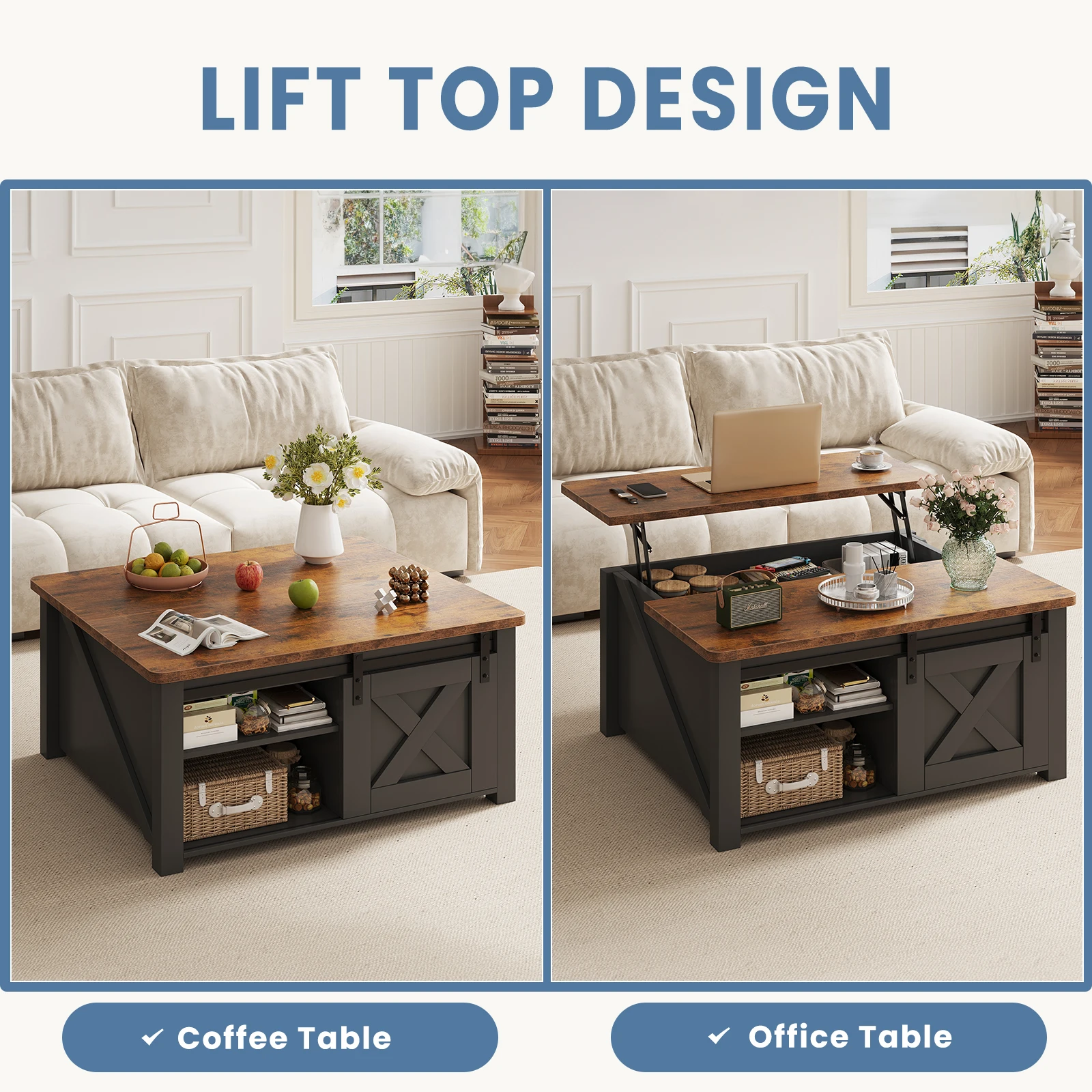 MCQ 31.5IN Wood Lift Top Coffee Tables Square Living Room Adjustable Storage Shelf Easy Lift Or Lower For Tea Dining Tables image 3