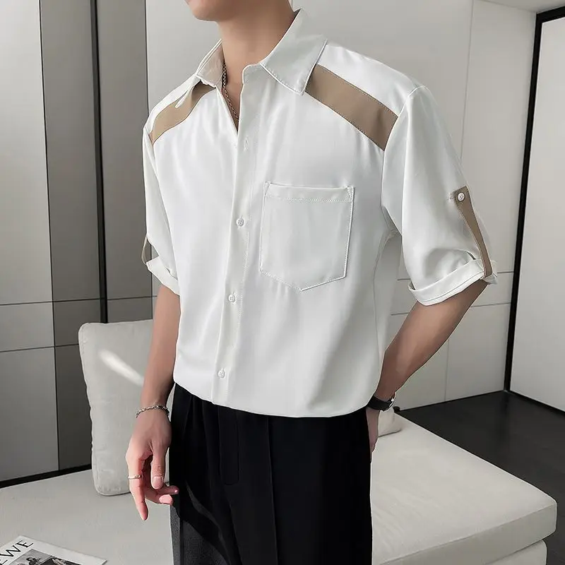 Summer New Turn-down Collar Fashion Half Sleeve Shirt Man High Street Casual Button Cardigan Y2K All-match Contrast Color Blouse