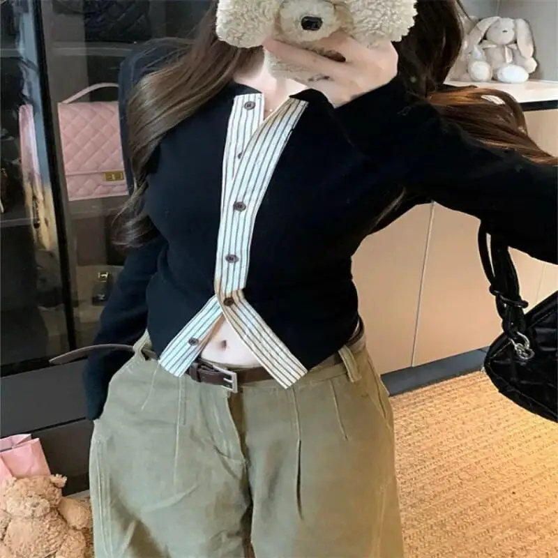 

Kawaii модные топы для девочек, студенческие повседневные женские топы с героями мультфильмов, осенне-зимние короткие укороченные топы, кардиган на пуговицах, новый корейский ретро