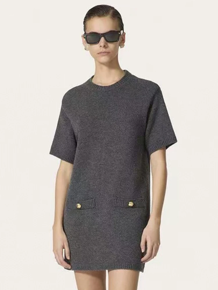 

Vintage round neck short sleeve knitted wool dress 2024 fall women's new fashion button-pocket wool stretch straight skirt