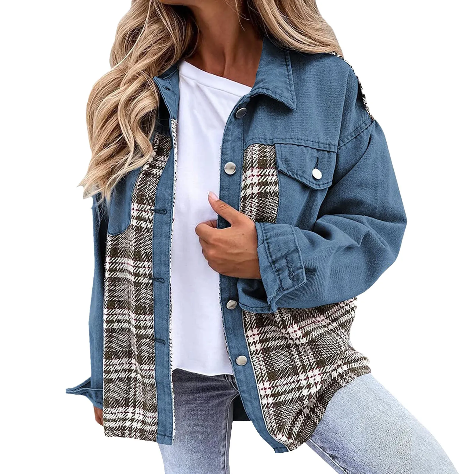 Fashion Casual kurtka w kratę damskie jesienne i zimowe luźny dżins Plaid Fashion bluza z długim rękawem duże rozmiary damskie płaszcze casualowe