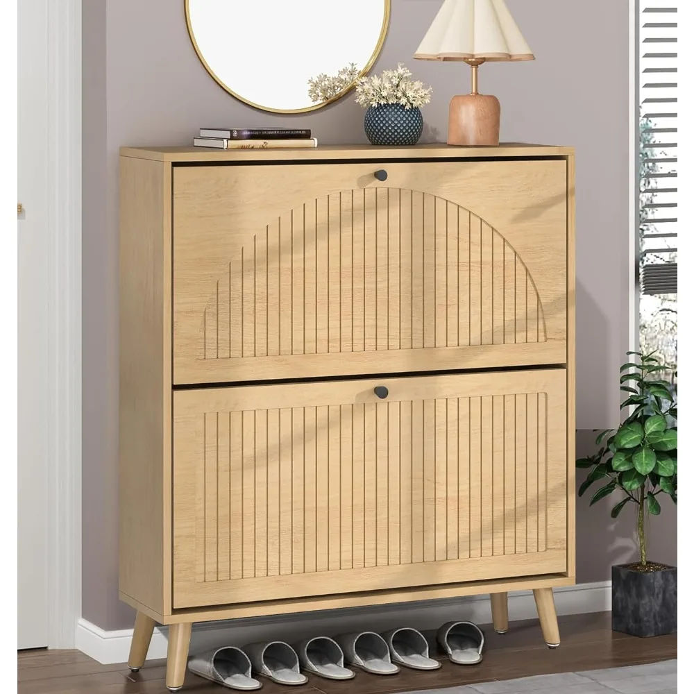 

Shoe Storage Cabinet for Entryway with 2 Flip Drawers,Wood Shoe Cabinet with Fluted Panel, Freestanding Hidden Shoe Organizer