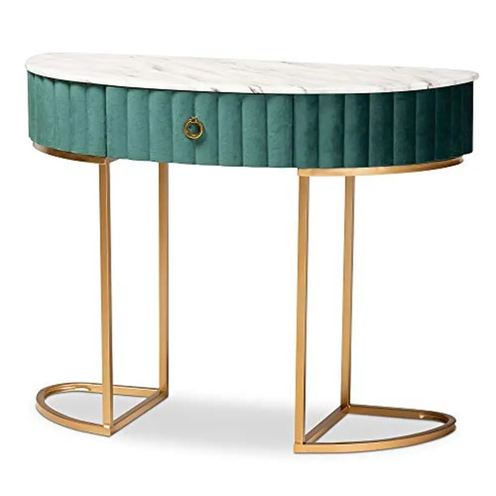 Modern Green/Gold Console Table with Faux Marble Top Velvet Upholstery One Drawer Channel Tufted 39.4