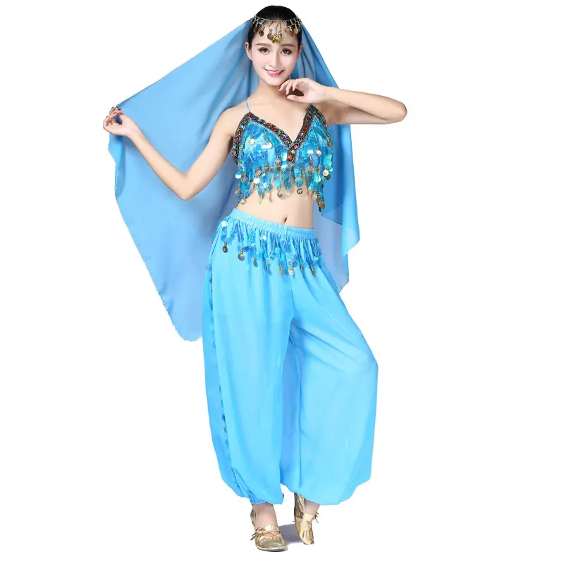 

Women Sequins Bellydance Costume Set Adult Adjustable Belly Dance Crop Top Bra and Coins Pants Festival Rave Outfit Dancewear