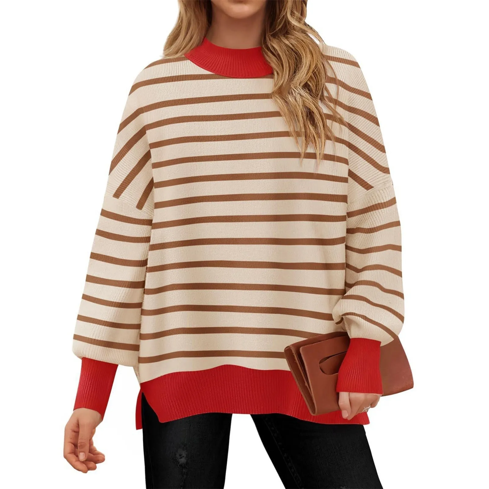 Striped Sweatshirts Women Causal Long Sleeve Mock Neck Pullover Contrast Color Soft Baggy Hooded Fall Drop Shoulder Blouses Tops