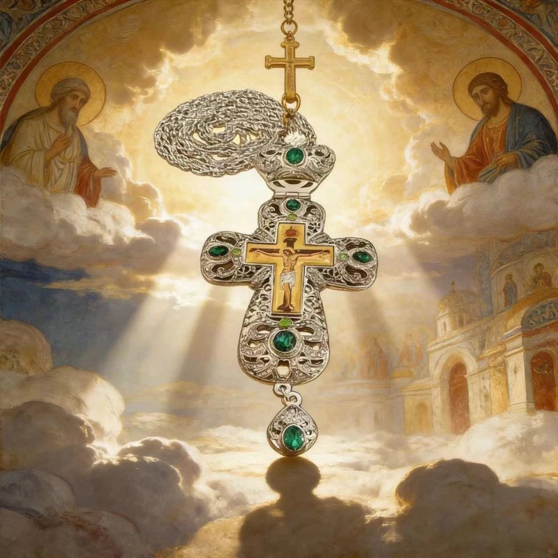 Neue 2026 Premium Zweifarbige Orthodoxe Kreuzkette mit Grünen Kristalldetails und Filigran-Verarbeitung für den täglichen spirituellen Gebrauch – Detail 9
