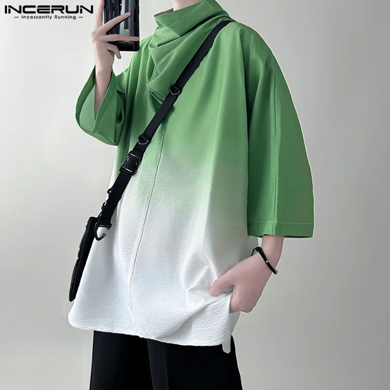 Stylish Casual Style Tops INCERUN Men High Pile Collar T-shirts Fashion Gradient Color Three Quarter Sleeved Camiseta S-5XL 2024