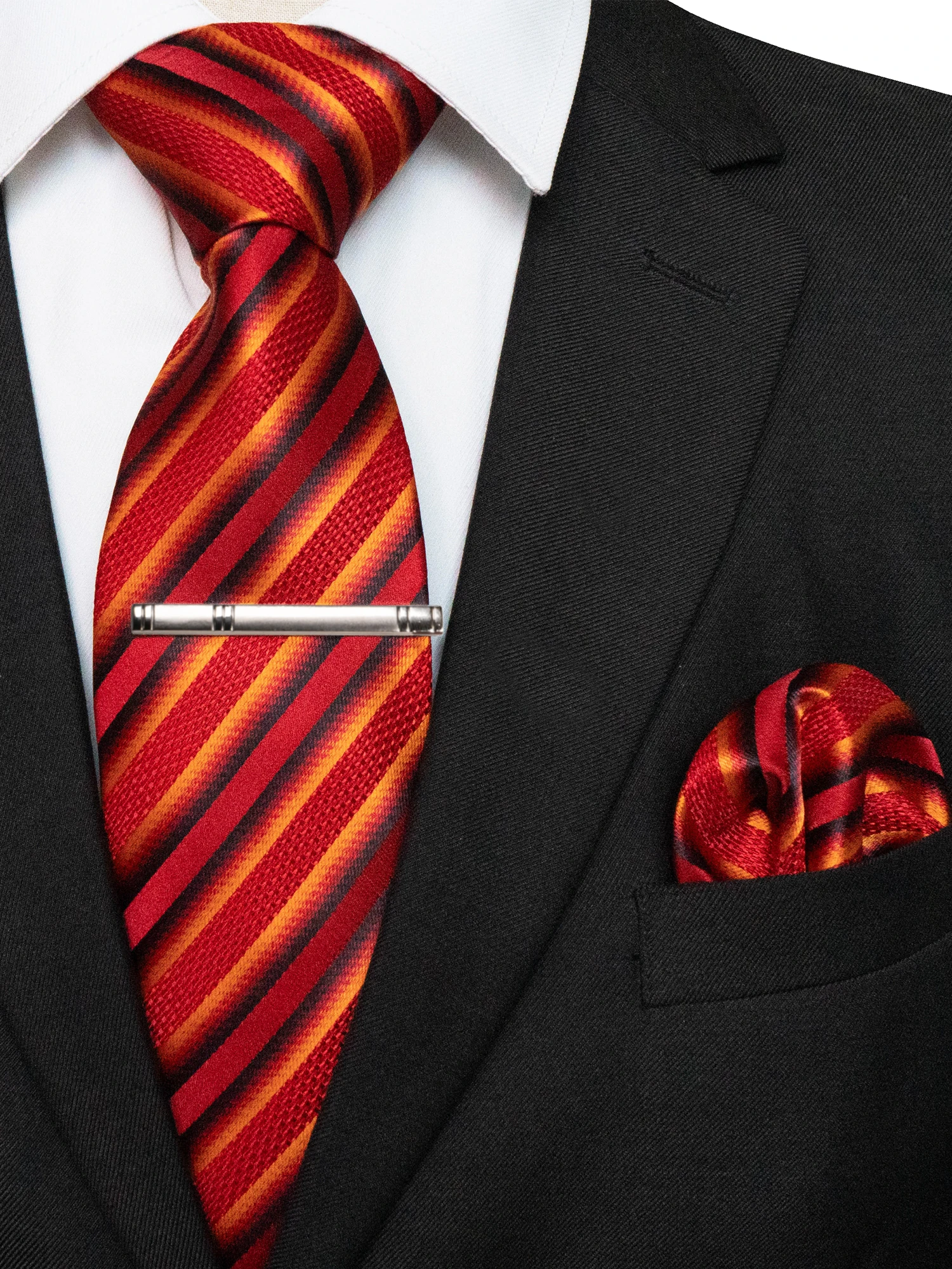 KAMBERFT Klassische Herrenkrawatte mit Krawattenklammer und Einstecktuch, 3-teiliges Set für Büro, Hochzeit, Party – Detail 2