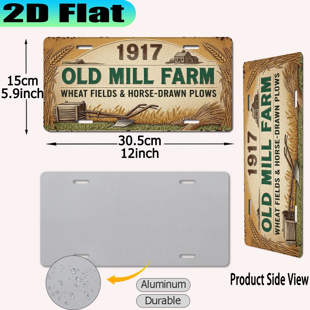 2D Flat, [2D Flat] 1pc, 1917 Old Mill Farm Wheat Fields & Horse-Drawn Plows Vintage Aluminum Sign (30.48 X 15.24cm), for Decorat