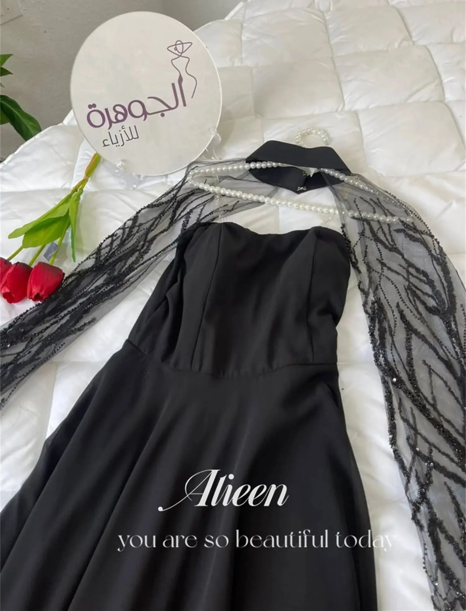 Aileen Black Saudi Arabia Shawl A-line Elegant Evening Dresses for Women Luxury Prom Dress 2024 Ball Gowns Party