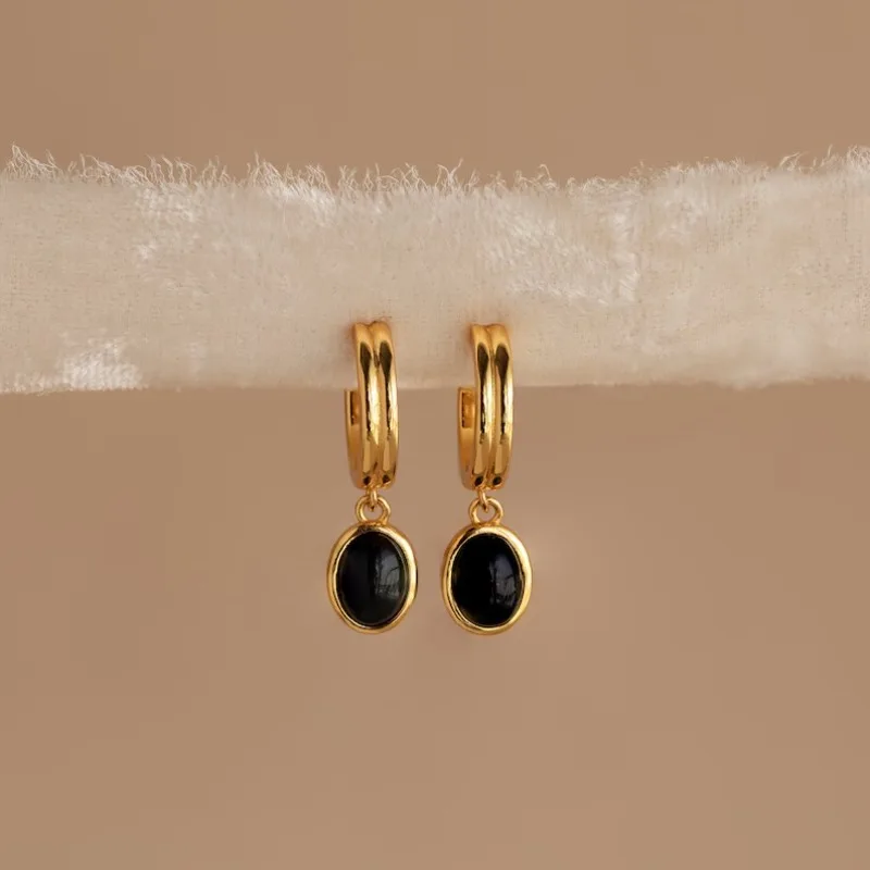 

Exquisite Bilayer Stripe Small Circle Huggie Ear Hoops for Women Obsidian Natural Stone Dangle Earrings Wedding Jewelry Серьги