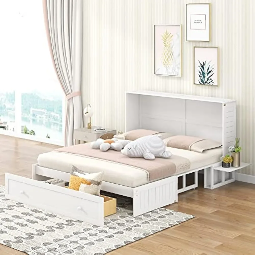 Queen Size Murphy Bed, Mobile Queen Murphy Bed with Drawer and Little Shelves on Each Side, Wood Queen Size Bed Frame, White