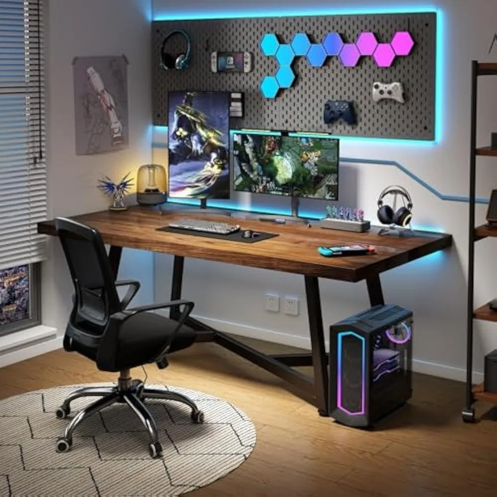 72" Solid Wood Dining Table for 4 5 6 People, Rustic Brown Rectangular Dinner Tables, Large Kitchen Table w/Adjustable Metal Leg