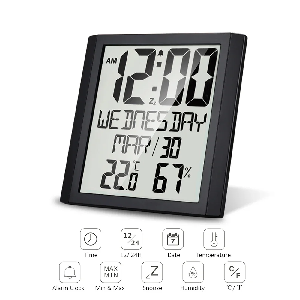 Digital Wall Clock with Temperature&Humidity Date/ Week Alarm Clock ℃/ ℉ Thermo-hygrometer Weather Monitor   Office