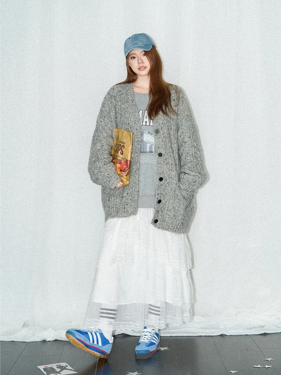 

Loose Knitted Outerwear V-Ne Single Button Double-sided Pattern Korean Sle Mixed Color Twist Flower Women's Jaet