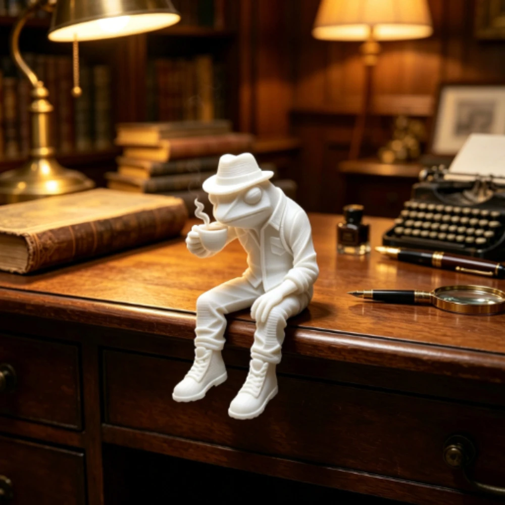 Vintage Western Outfit Frog Mini Figurines 3D Printed Coffee Drinking Gentleman Frog Ornaments Decor for Study Desktop Bar Gifts