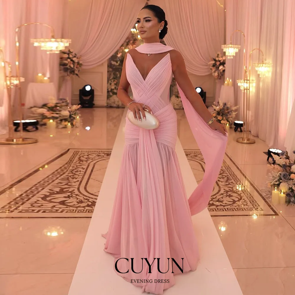 

CUYUN Розовые сексуальные платья для выпускного вечера с глубоким v-образным вырезом, плиссированные шифоновые вечерние платья по индивидуальному заказу, банкетное женское платье для особых случаев
