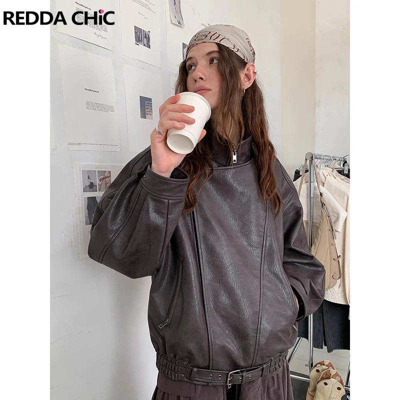 

REDDACHiC Women Textured Leather Jacket Brown Vintage Belt Pockets Long Sleeve Lapel Bomber Jacket Trendy Street Style Outerwear