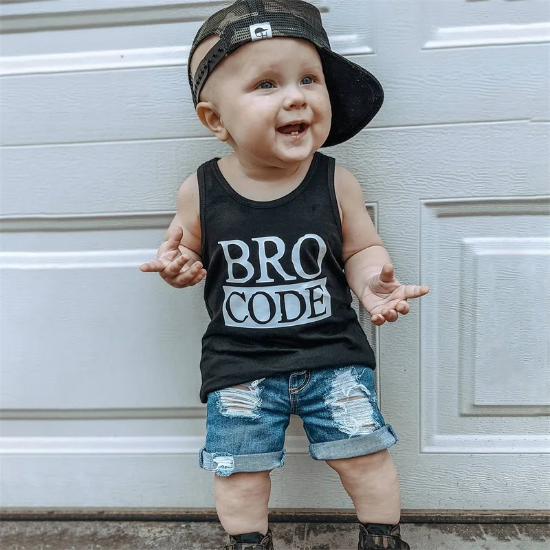 SUNSIOM Toddler Baby Boys Clothes Set Summer Outfit Round Neck Sleeveless Letter Print Tank Tops with Ripped Denim Shorts