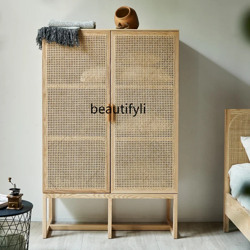 

wabi-sandy wind solid wood rattan cabinet door, retro home double-door wardrobe, bedroom storage locker against the wall
