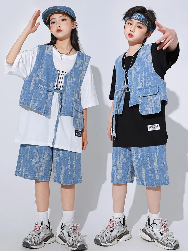 Boys Street Dance Clothes Hip Hop Suit Denim Vest Shorts Summer T Shirt Kids Drum Jazz Performance Wear Girls Clothes BL12595