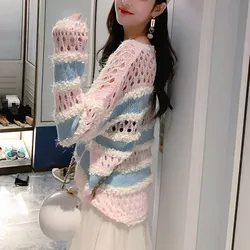 Fashion Pull Femme Striped Hollowed Out Knit Top For Women Spring Summer Sweaters Loose Ladies Long Sleeve Pullover Shirt