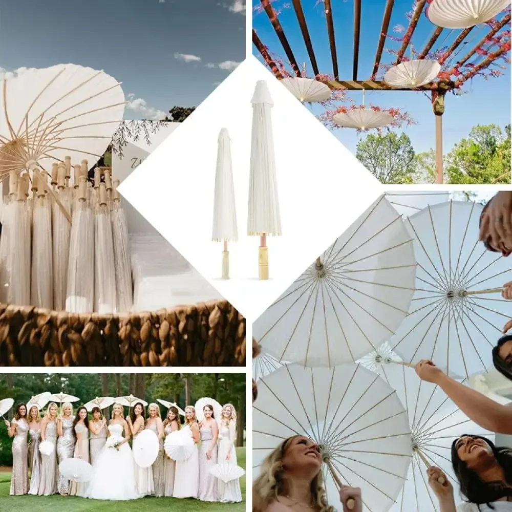 White Wedding Paper Umbrellas 60/80cm with Chinese Wooden Handle DIY Rustic Photography Props for Baby Shower Party Wedding Deco