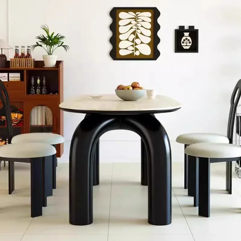 French retro cream style, living room black rectangular rock slab dining table, small apartment dining table and chairs