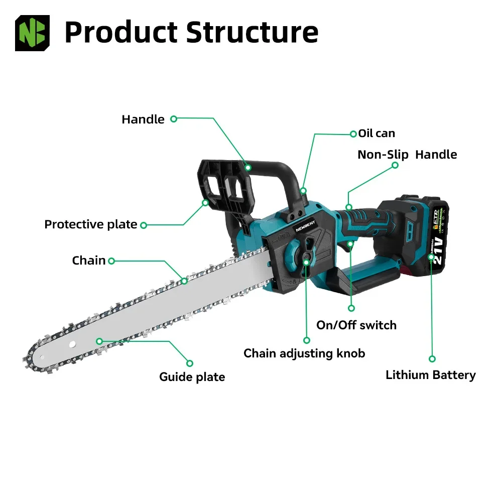 Newbeny 12 Polegada serra elétrica sem escova sem fio eficiente jardim carpintaria ferramenta elétrica de corte para makita 18v-21v bateria