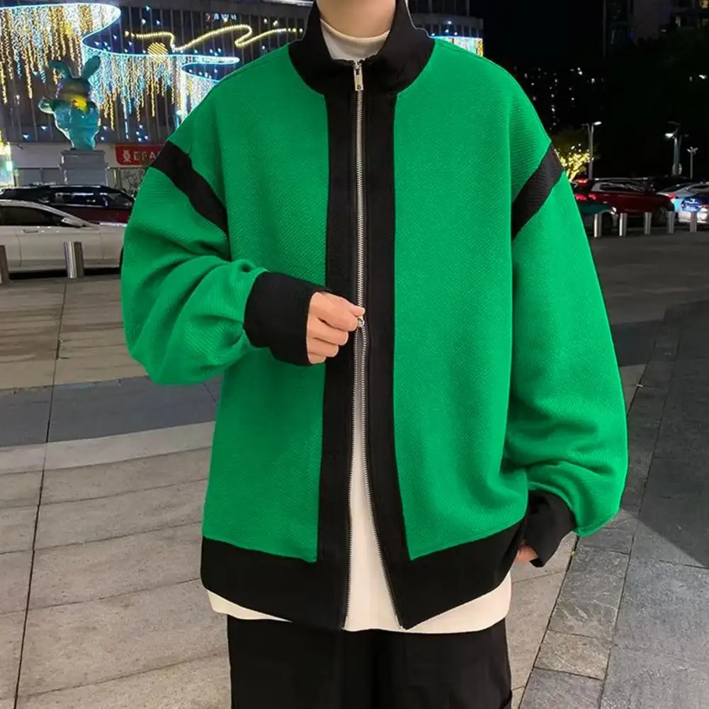 

Men Color-block Jacket Men Color Matching Coat Colorblock Stand Collar Men's Winter Coat with Striped Texture Zipper for Fall