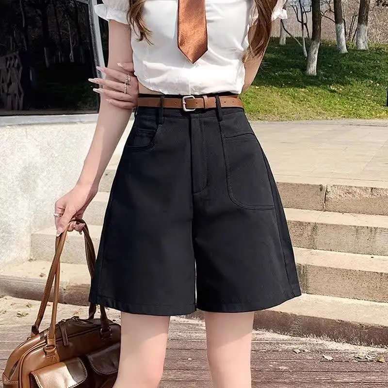 Solid color shorts summer new women's high waisted casual loose simple versatile fashion wide legs cargo five quarter pants