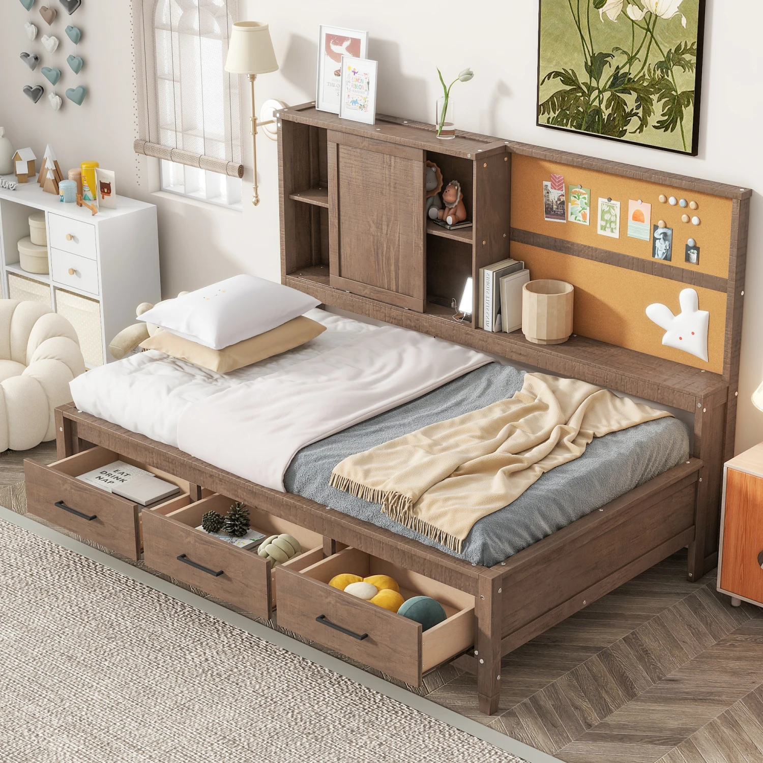 

Twin Size Daybed with Storage, Shelves, Cork Board, USB Ports, 3 Drawers - Antique Wood Color