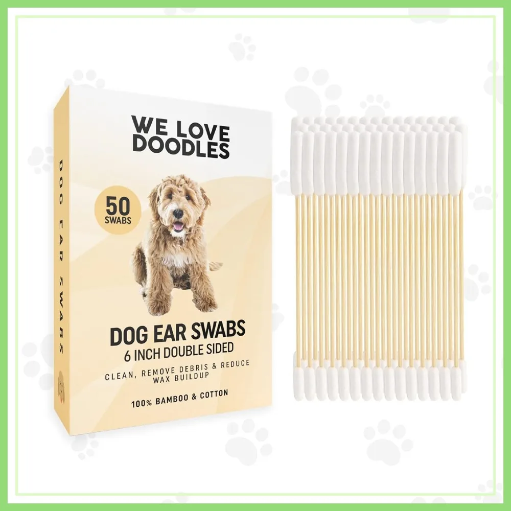 Long Cotton Dog Ear Swabs Double Sided 6 Inch Wooden Handle 50 Pack for Cleaning Pet Ears