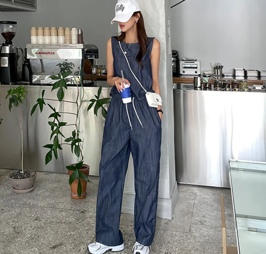 Chic Summer Denim Pants Two Piece Set Women Sexy Backless Split Sleeveless Vest Tops + High Elastic Waist Wide Leg Trousers Suit