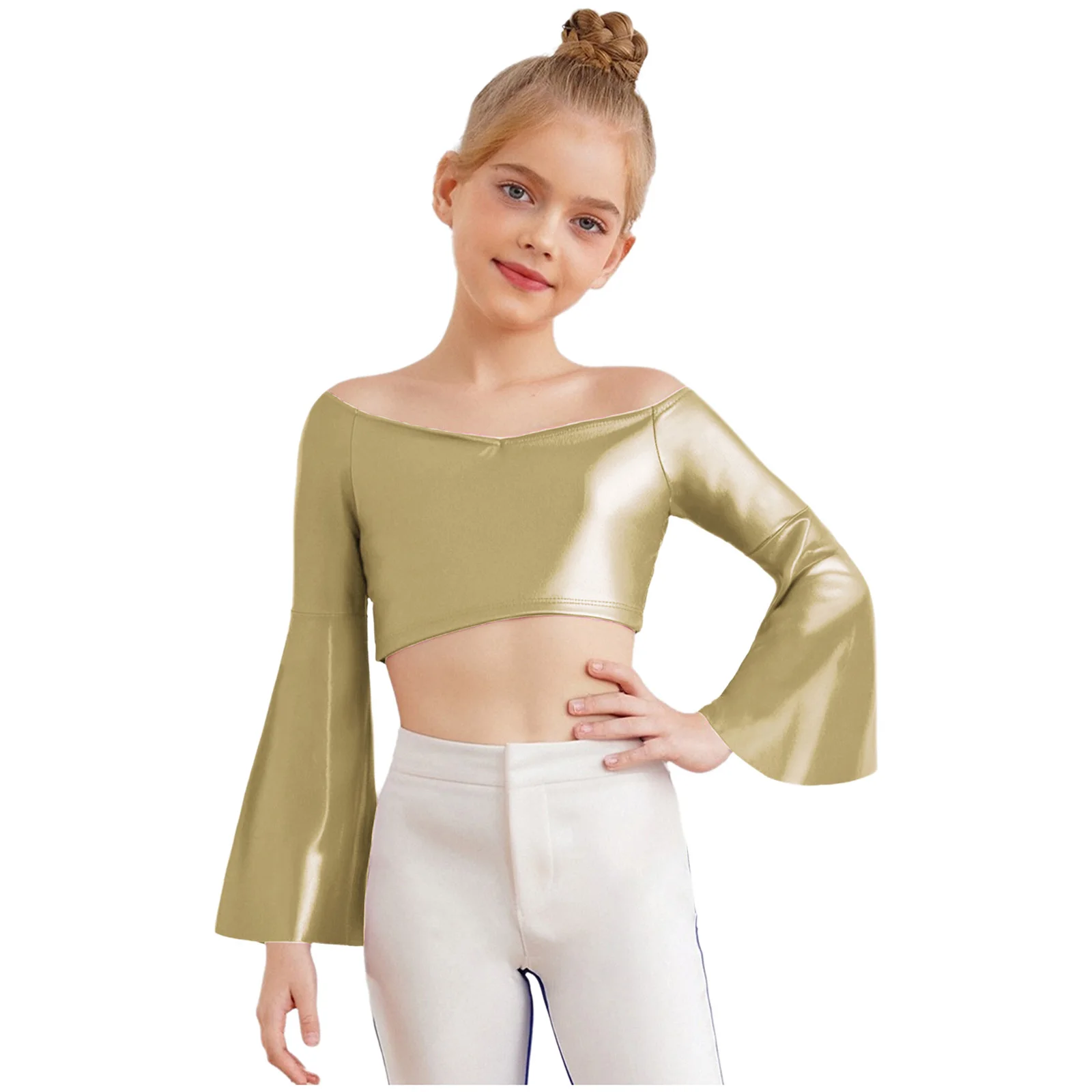 키즈 소녀 셔츠 재즈 댄스 탑 긴 플레어 슬리브 오프 숄더 메탈릭 크롭 탑 생일 파티 무대 공연 댄스웨어