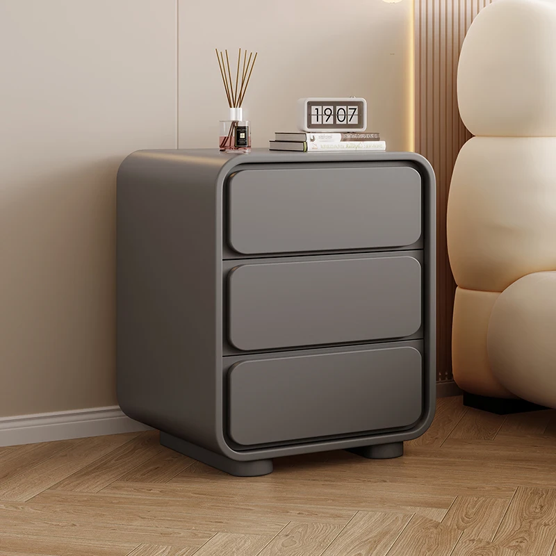 Minimalist Solid Wood Minimalist Modern Leather Bedside Cabinet Home Bedroom Cream Wind Three Layer