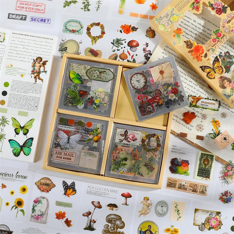 100 Sheets of Non-repeating Boxed Stickers Retro Floral Creative Pet Waterproof Transparent Decorative Stickers