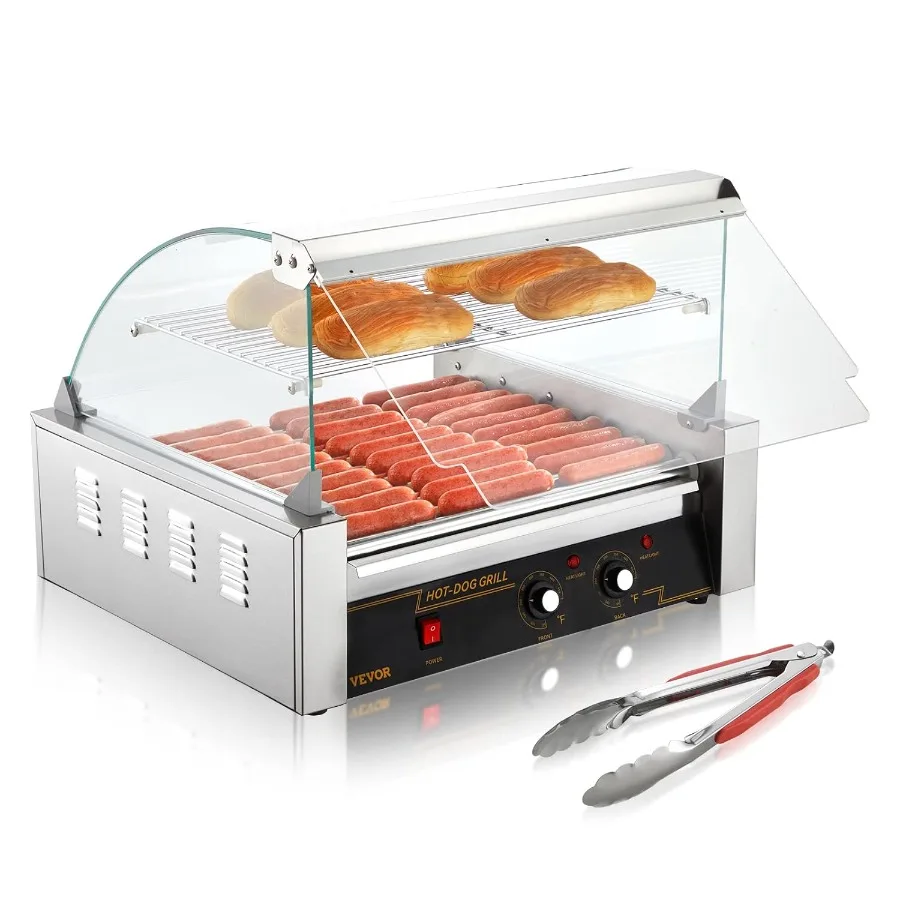 Hot Dog Roller 30 Hot Dog Kapazität 1800 W Edelstahl Kochwärmer Maschine mit Abdeckung Dual Temp Control LED-Licht abnehmbar