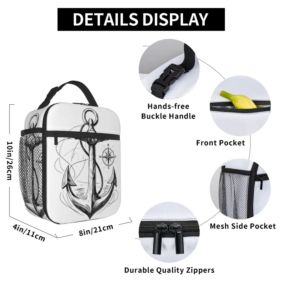 Anchor And Compass Maritime Insulated Lunch Bag for Women Office Cooler Thermal Food Box Tote Leakproof Lunch Boxes Container