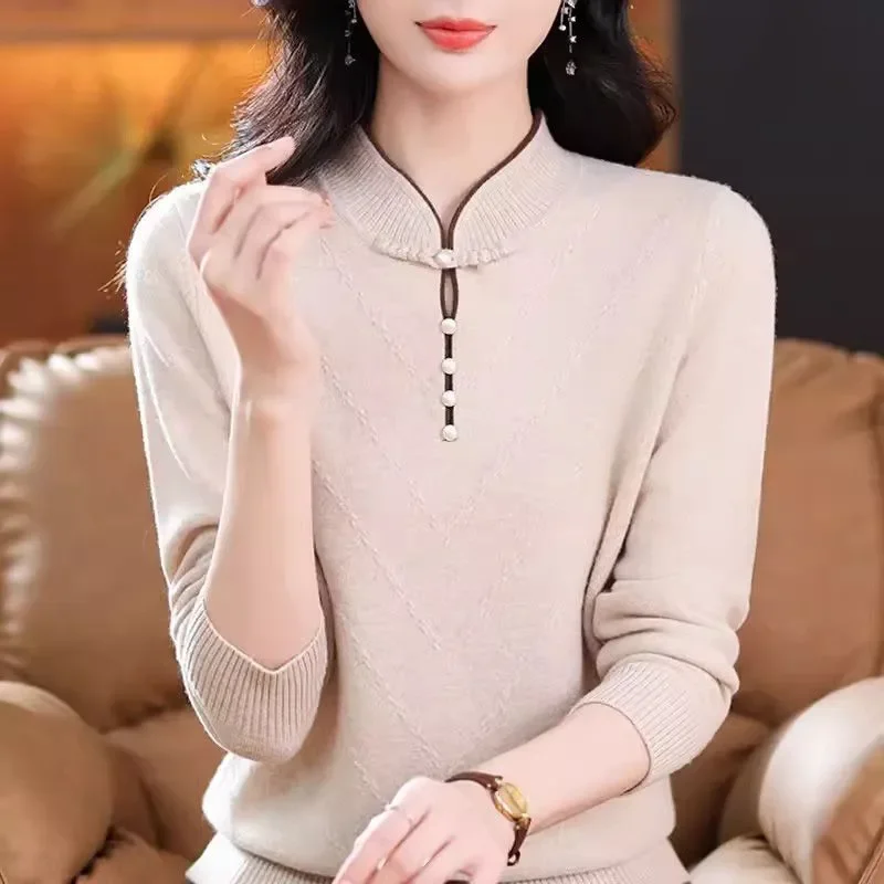 Chinese Style Middle Aged Women Green Qipao Collar Wool Knit Sweater Slim Warm Long Sleeve Undershirt Autumn Winter S 4XL view 3