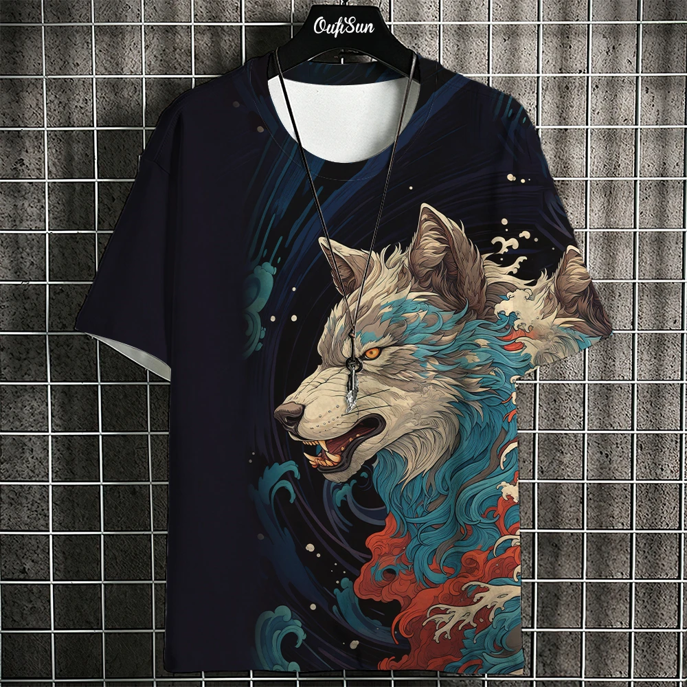 Cartoon Anime Cat Printed T Shirt For Men Japanese Tees Wolf T-Shirt Outdoor Hip Hop Tops Clothes Casual Loose Short Sleeve Tees