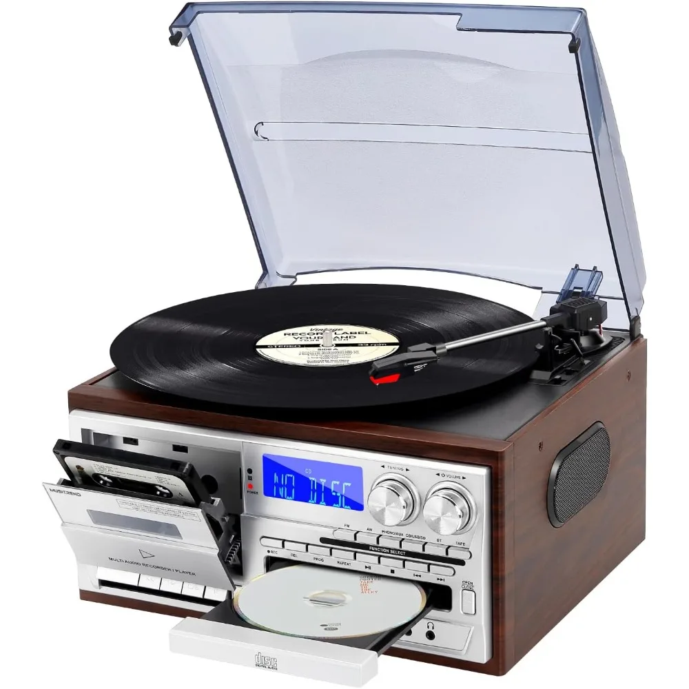 Record Player 9 in 1 3 Speed Bluetooth Vintage CD Cassette Vinyl Player AM/FM Radio USB/SD Playback Aux-in RCA Line-Out (Silver)