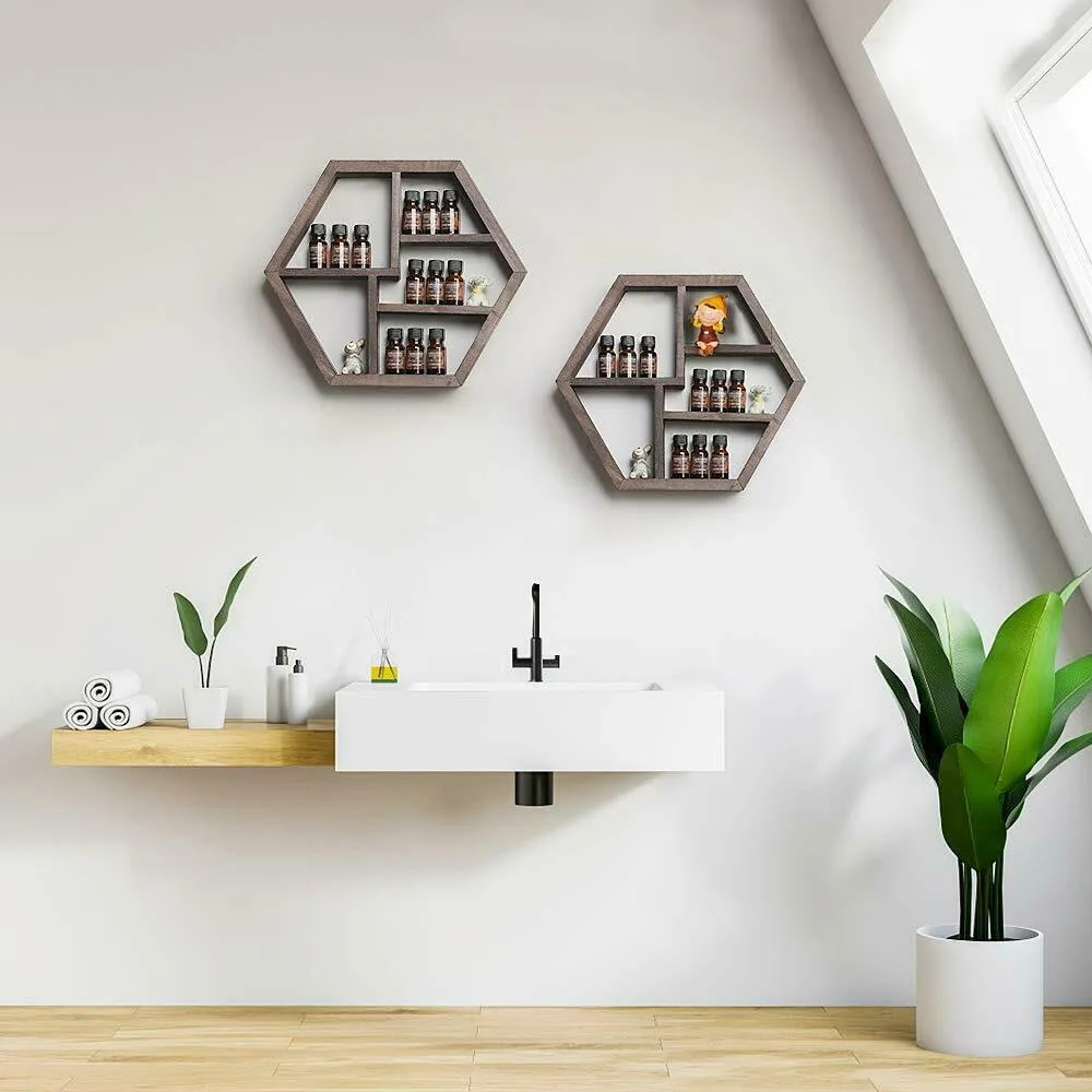 

Essential Oil Storage, Essential Oil Organizer Rack Wall Mounted Hexagon Floating Honeycomb Display Shelves Rack for Essential