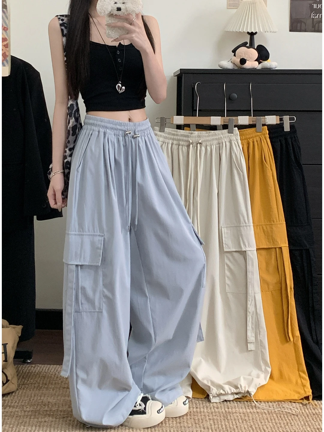 

Casual Trousers for Women Summer 2026 New Style Elastic Waist Drawstring Workwear Pants Wide Leg Loose Fashion Cuffed Trousers