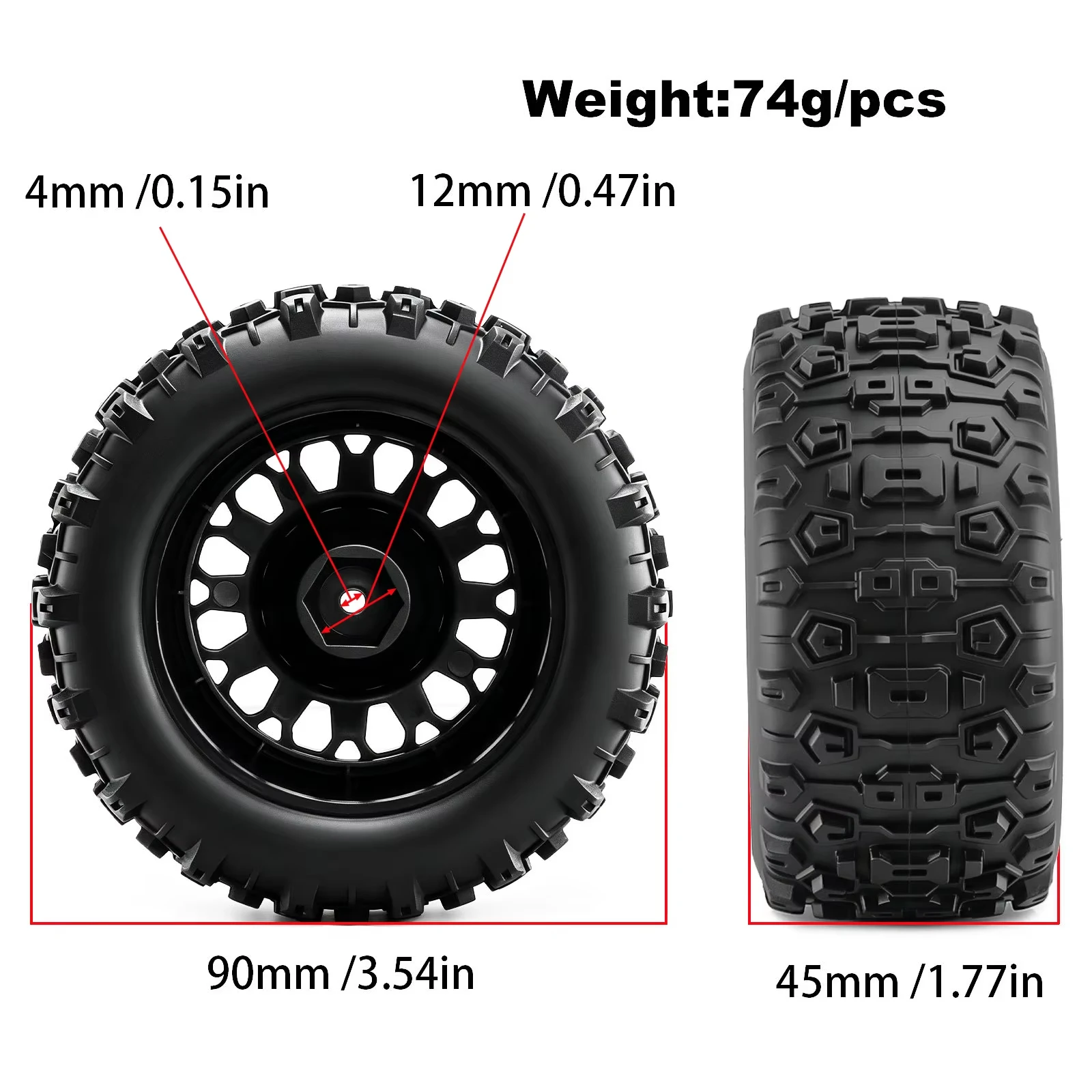 4PCS RC Wheel Hubs & Tire Set 90*45mm 12mm Hex for ARRMA 1/16 Mini Kraton 3S BLX RC Truck Upgrade Parts